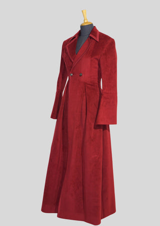Tailored Fit Women’s Maroon Velvet Long Coat Dress with Satin Piping Dinner Party Outfit