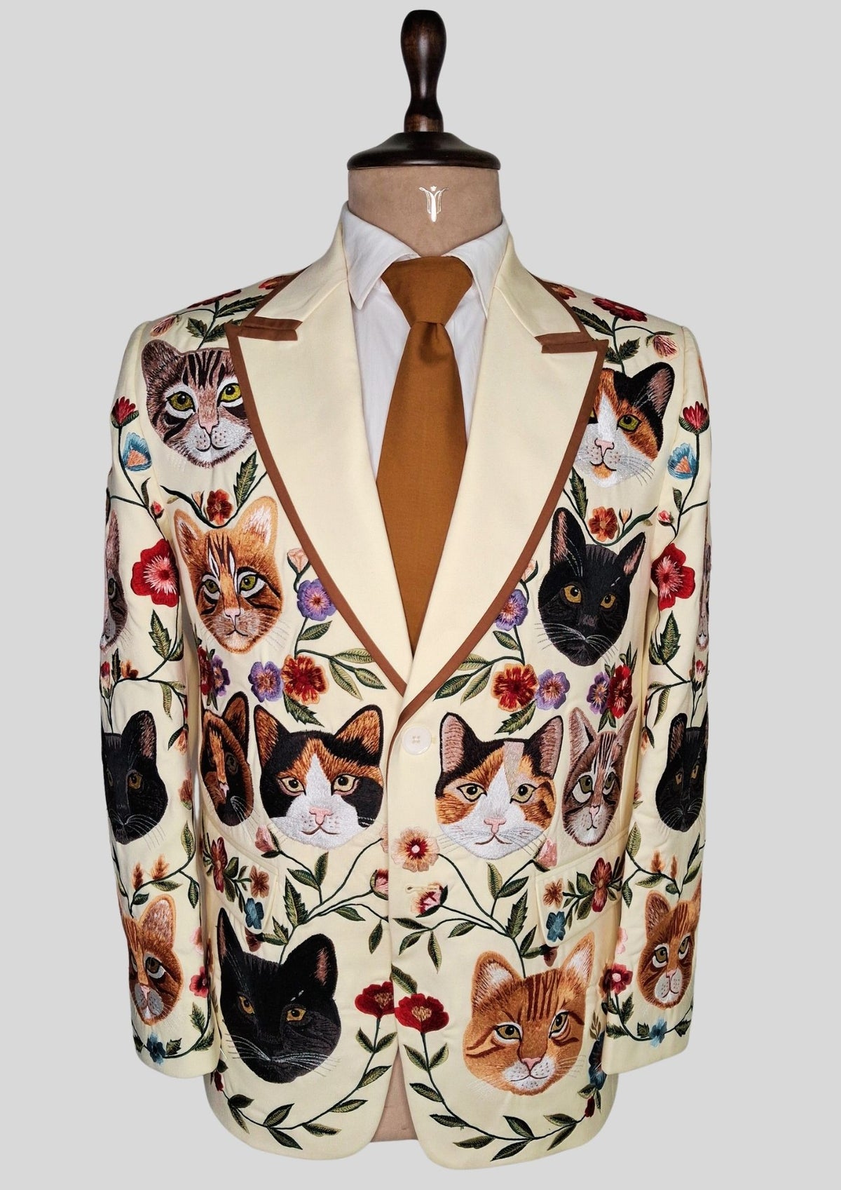 Men’s Ivory Embroidered 2 Piece Suit with Brown Piping – Cat & Floral Western Designer Wedding Party Outfit