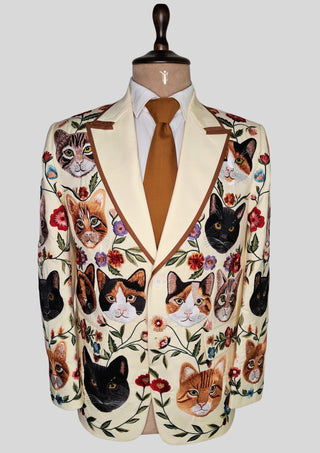 Men’s Ivory Embroidered 2 Piece Suit with Brown Piping – Cat & Floral Western Designer Wedding Party Outfit