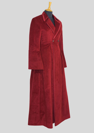 Tailored Fit Women’s Maroon Velvet Long Coat Dress with Satin Piping Dinner Party Outfit