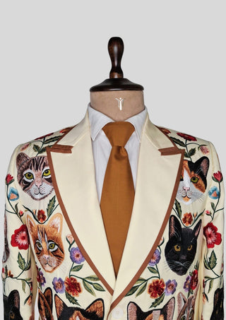 Men’s Ivory Embroidered 2 Piece Suit with Brown Piping – Cat & Floral Western Designer Wedding Party Outfit