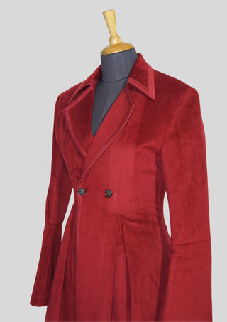 Tailored Fit Women’s Maroon Velvet Long Coat Dress with Satin Piping Dinner Party Outfit