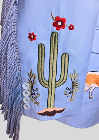 Men’s Powder Blue Country Western Suit – 2 Piece Cowboy Wedding Outfit with Cactus Embroidery & Fringe Detail