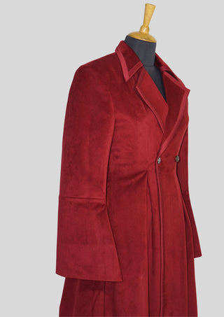 Tailored Fit Women’s Maroon Velvet Long Coat Dress with Satin Piping Dinner Party Outfit