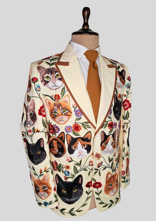 Men’s Ivory Embroidered 2 Piece Suit with Brown Piping – Cat & Floral Western Designer Wedding Party Outfit