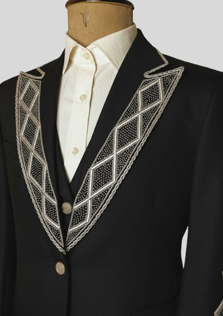 Men’s Black Rococo 4-Piece Embroidered Suit Blazer with Waistcoat, Pants & Long Cape | Royal Theme Carnival Outfit