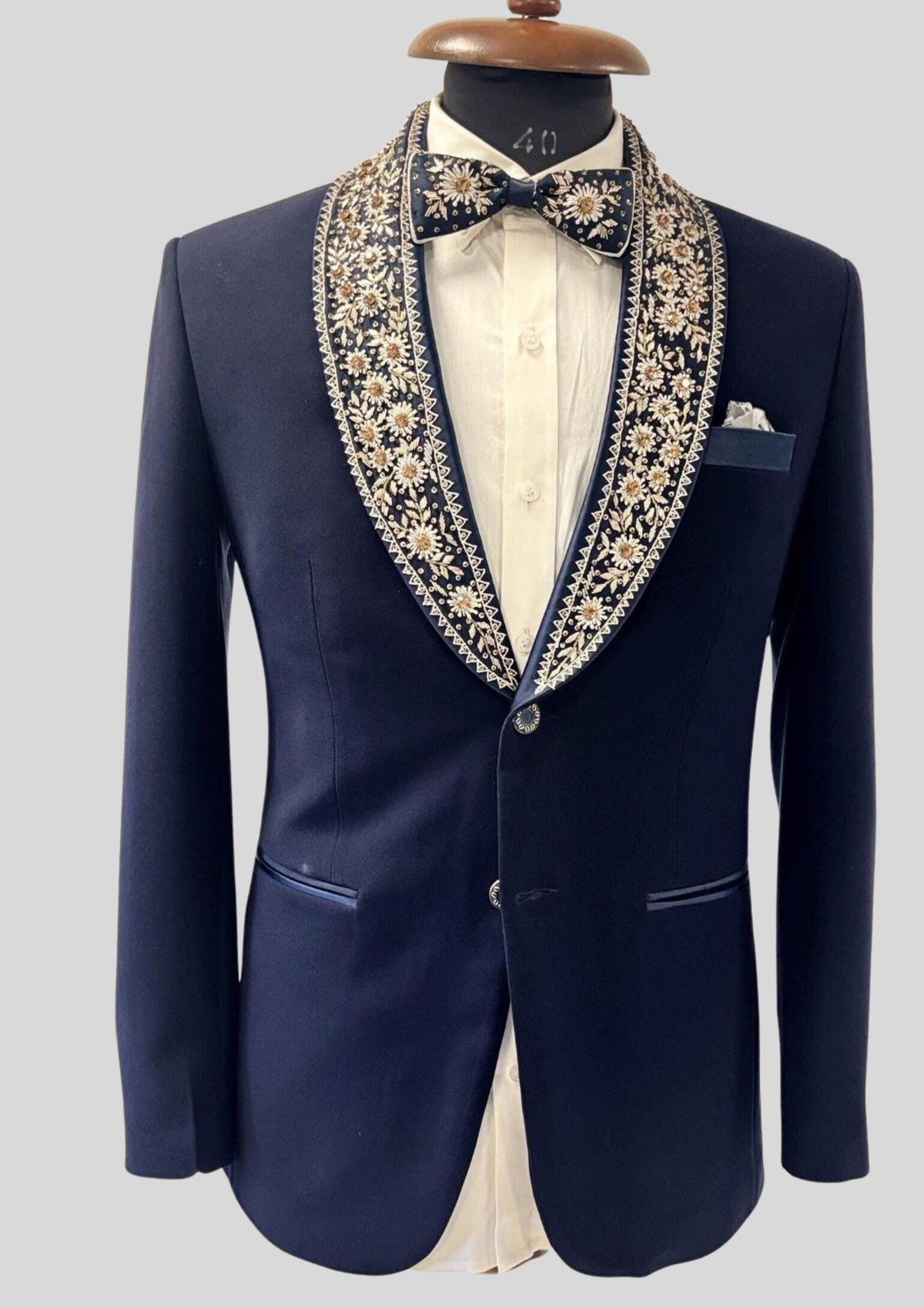 Men’s Navy Blue Floral Embroidered Tuxedo Blazer Wedding & Evening Party Wear