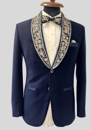 Men’s Navy Blue Floral Embroidered Tuxedo Blazer Wedding & Evening Party Wear
