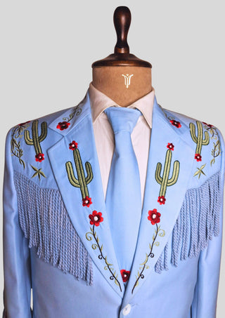 Men’s Powder Blue Country Western Suit – 2 Piece Cowboy Wedding Outfit with Cactus Embroidery & Fringe Detail