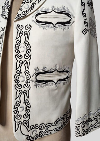 Men's Custom Ivory Mariachi Charro Jacket: Black Embroidered Mexican Wedding Outfit
