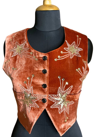 Women’s Luxury Rust Velvet Starry Night Collection – 3-Piece Embroidered Suit Set
