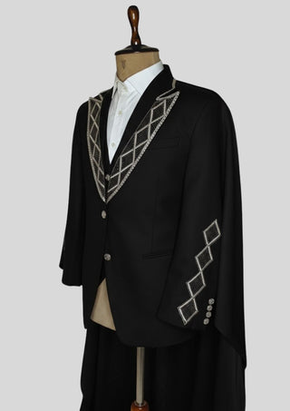 Men’s Black Rococo 4-Piece Embroidered Suit Blazer with Waistcoat, Pants & Long Cape | Royal Theme Carnival Outfit