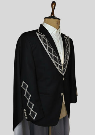 Men’s Black Rococo 4-Piece Embroidered Suit Blazer with Waistcoat, Pants & Long Cape | Royal Theme Carnival Outfit