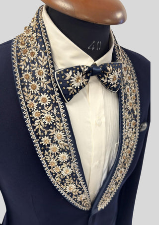 Men’s Navy Blue Floral Embroidered Tuxedo Blazer Wedding & Evening Party Wear