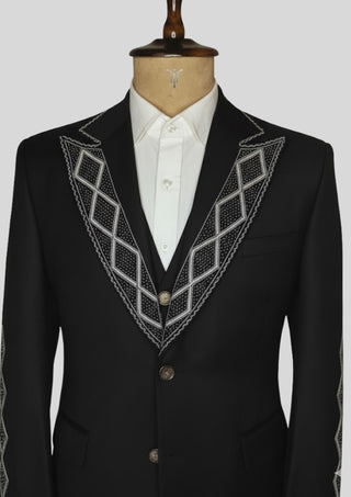Men’s Black Rococo 4-Piece Embroidered Suit Blazer with Waistcoat, Pants & Long Cape | Royal Theme Carnival Outfit