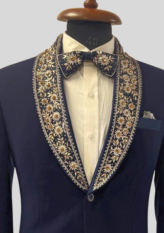 Men’s Navy Blue Floral Embroidered Tuxedo Blazer Wedding & Evening Party Wear