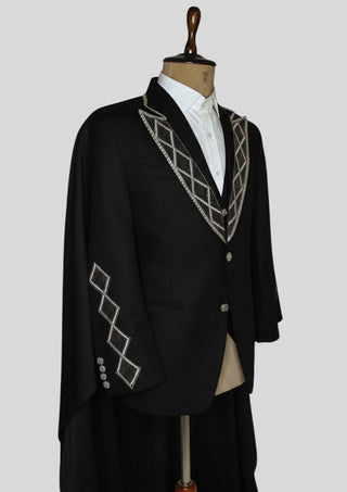 Men’s Black Rococo 4-Piece Embroidered Suit Blazer with Waistcoat, Pants & Long Cape | Royal Theme Carnival Outfit