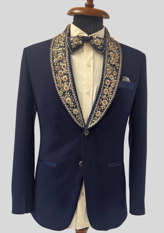 Men’s Navy Blue Floral Embroidered Tuxedo Blazer Wedding & Evening Party Wear