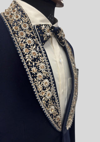 Men’s Navy Blue Floral Embroidered Tuxedo Blazer Wedding & Evening Party Wear