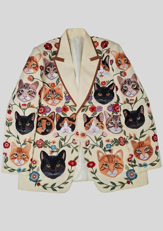 Men’s Ivory Embroidered 2 Piece Suit with Brown Piping – Cat & Floral Western Designer Wedding Party Outfit