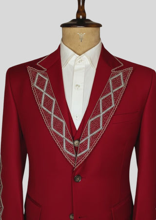 Men’s Maroon Rococo 4-Piece Embroidered Suit Blazer with Waistcoat, Pants & Long Cape | Royal Theme Carnival Outfit
