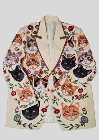 Men’s Ivory Embroidered 2 Piece Suit with Brown Piping – Cat & Floral Western Designer Wedding Party Outfit