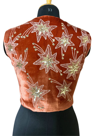 Women’s Luxury Rust Velvet Starry Night Collection – 3-Piece Embroidered Suit Set