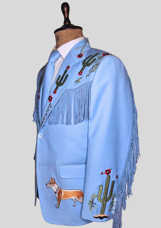 Men’s Powder Blue Country Western Suit – 2 Piece Cowboy Wedding Outfit with Cactus Embroidery & Fringe Detail