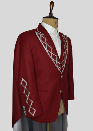 Men’s Maroon Rococo 4-Piece Embroidered Suit Blazer with Waistcoat, Pants & Long Cape | Royal Theme Carnival Outfit