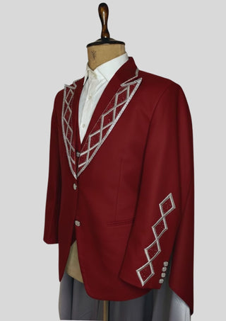 Men’s Maroon Rococo 4-Piece Embroidered Suit Blazer with Waistcoat, Pants & Long Cape | Royal Theme Carnival Outfit