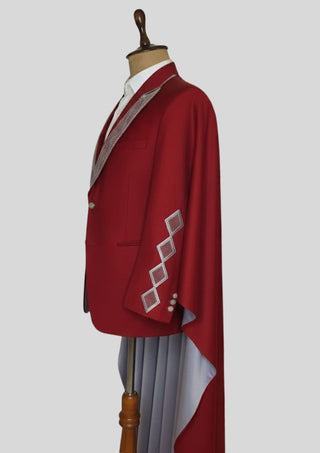 Men’s Maroon Rococo 4-Piece Embroidered Suit Blazer with Waistcoat, Pants & Long Cape | Royal Theme Carnival Outfit