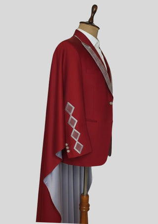 Men’s Maroon Rococo 4-Piece Embroidered Suit Blazer with Waistcoat, Pants & Long Cape | Royal Theme Carnival Outfit