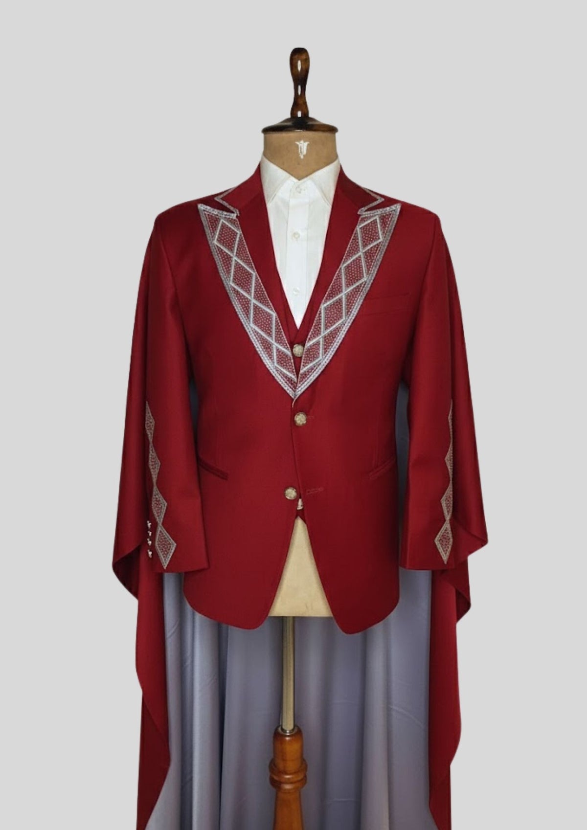 Men’s Maroon Rococo 4-Piece Embroidered Suit Blazer with Waistcoat, Pants & Long Cape | Royal Theme Carnival Outfit