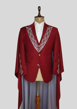 Men’s Maroon Rococo 4-Piece Embroidered Suit Blazer with Waistcoat, Pants & Long Cape | Royal Theme Carnival Outfit