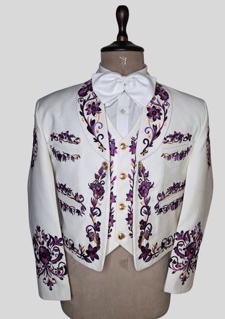 Men’s Customized Ivory Mariachi 3 Piece Embroidered Charro Wedding Groom Suit
