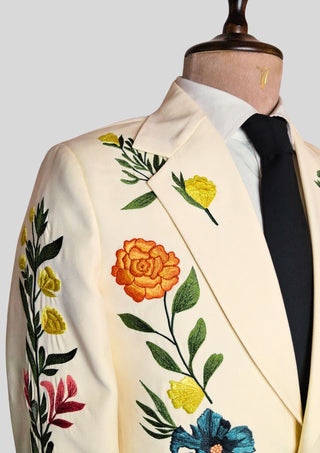 Men’s Ivory Embroidered 2 Piece Suit – Sun & Eagle Western Art Design Wedding Party Outfit