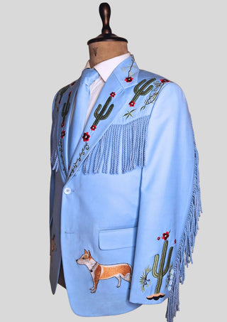 Men’s Powder Blue Country Western Suit – 2 Piece Cowboy Wedding Outfit with Cactus Embroidery & Fringe Detail