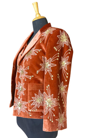 Women’s Luxury Rust Velvet Starry Night Collection – 3-Piece Embroidered Suit Set