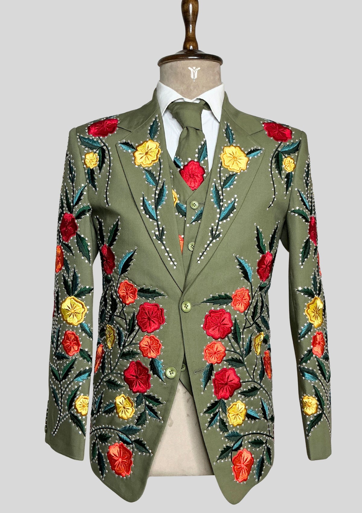 Men’s Country Western 3 Piece Suit – Olive Green Floral Embroidered Groom Suit with Rhinestone Work, Blazer Vest & Matching Tie
