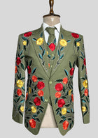 Men’s Country Western 3 Piece Suit – Olive Green Floral Embroidered Groom Suit with Rhinestone Work, Blazer Vest & Matching Tie