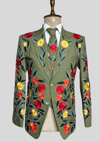 Men’s Country Western 3 Piece Suit – Olive Green Floral Embroidered Groom Suit with Rhinestone Work, Blazer Vest & Matching Tie