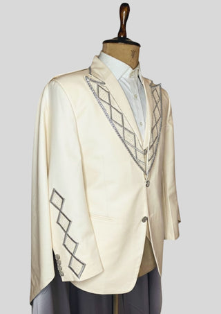 Men’s Ivory Rococo 4-Piece Suit – Embroidered Blazer with Waistcoat, Pants & Long Cape | Royal Theme, Groom & Costume Wear