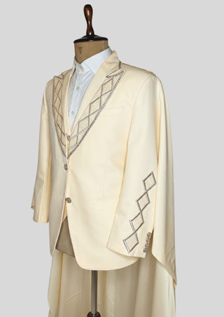 Men’s Ivory Rococo 4-Piece Suit – Embroidered Blazer with Waistcoat, Pants & Long Cape | Royal Theme, Groom & Costume Wear