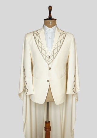 Men’s Ivory Rococo 4-Piece Suit – Embroidered Blazer with Waistcoat, Pants & Long Cape | Royal Theme, Groom & Costume Wear