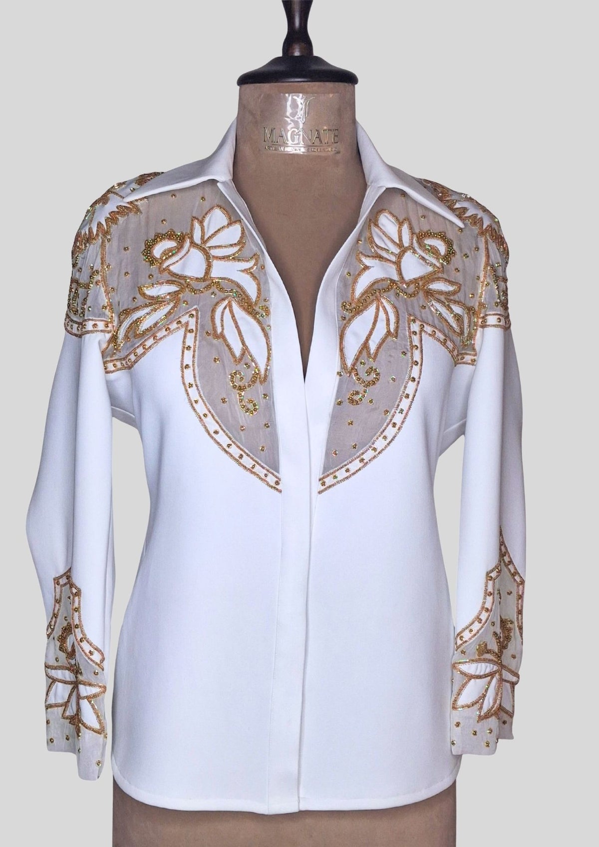 Women’s White Country Western Embroidered 2 Piece Suit with Organza Patchwork Shirt & Trousers