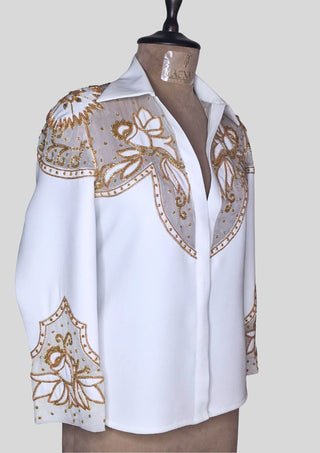 Women’s White Country Western Embroidered 2 Piece Suit with Organza Patchwork Shirt & Trousers
