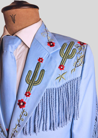 Men’s Powder Blue Country Western Suit – 2 Piece Cowboy Wedding Outfit with Cactus Embroidery & Fringe Detail