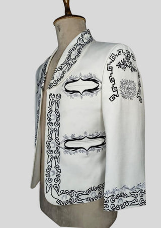 Men's Custom Ivory Mariachi Charro Jacket: Black Embroidered Mexican Wedding Outfit