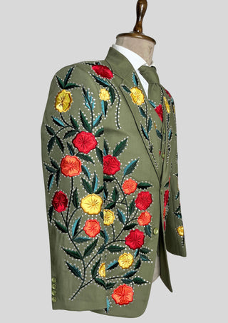 Men’s Country Western 3 Piece Suit – Olive Green Floral Embroidered Groom Suit with Rhinestone Work, Blazer Vest & Matching Tie