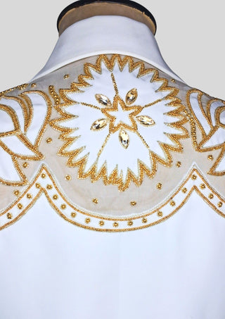 Women’s White Country Western Embroidered 2 Piece Suit with Organza Patchwork Shirt & Trousers